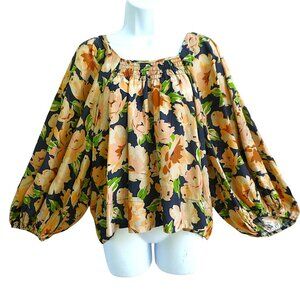 SiLK The Great Floral Print Magpie Blouse Smocked Square Neck Billowy Sleeves 2
